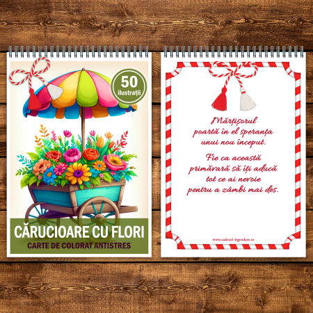 Martisor de colorat, 50 de ilustratii format A5, carte de colorat cu spira metalica, model: Carucioare cu Flori [2]