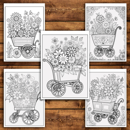 Martisor de colorat, 50 de ilustratii format A5, carte de colorat cu spira metalica, model: Carucioare cu Flori [5]