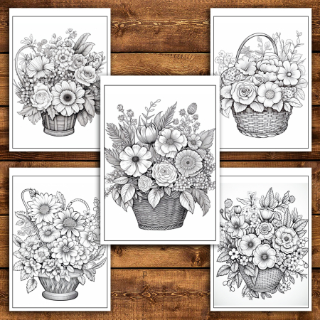 Martisor de colorat, 50 de ilustratii format A5, carte de colorat cu spira metalica, model: Cosuri cu Flori [3]