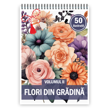Martisoare format A5 - Martisor de colorat, 50 de ilustratii format A5, carte de colorat cu spira metalica, model: Flori din Gradina