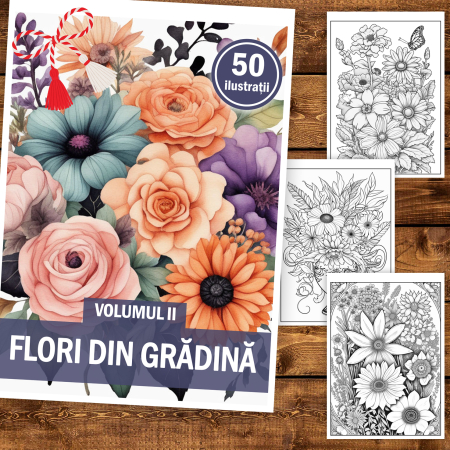 Martisor de colorat, 50 de ilustratii format A5, carte de colorat cu spira metalica, model: Flori din Gradina [1]