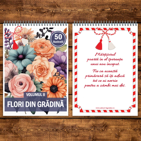 Martisor de colorat, 50 de ilustratii format A5, carte de colorat cu spira metalica, model: Flori din Gradina [2]