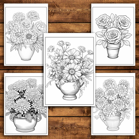 Martisor de colorat, 50 de ilustratii format A5, carte de colorat cu spira metalica, model: Flori in Ghiveci [4]