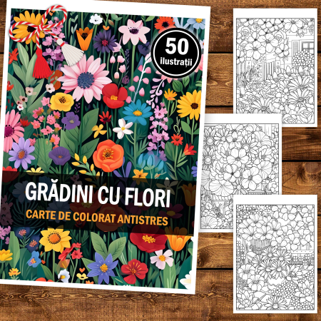 Martisor de colorat, 50 de ilustratii format A5, carte de colorat cu spira metalica, model: Gradini cu Flori [1]