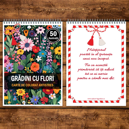 Martisor de colorat, 50 de ilustratii format A5, carte de colorat cu spira metalica, model: Gradini cu Flori [2]