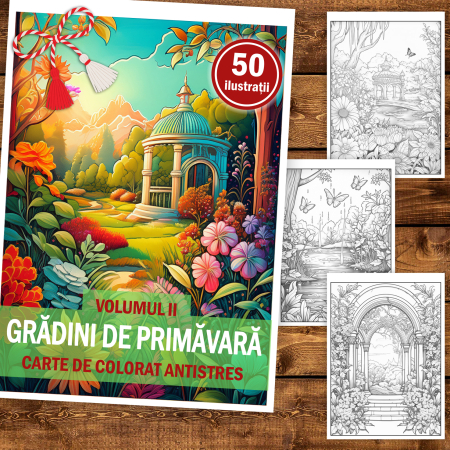 Martisor de colorat, 50 de ilustratii format A5, carte de colorat cu spira metalica, model: Gradini de Primavara [1]