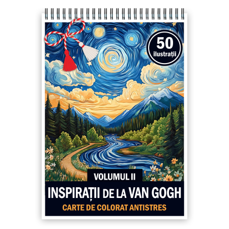 Martisoare format A5 - Martisor de colorat, 50 de ilustratii format A5, carte de colorat cu spira metalica, model: Inspiratii de la Van Gogh