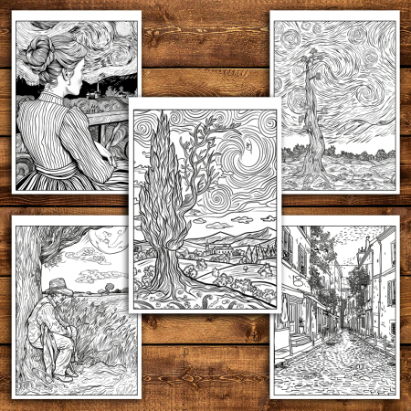 Martisor de colorat, 50 de ilustratii format A5, carte de colorat cu spira metalica, model: Inspiratii de la Van Gogh [3]