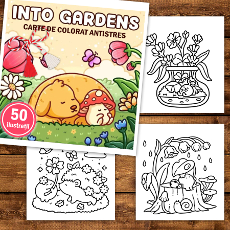 Martisor de colorat, 50 de ilustratii format A5, carte de colorat cu spira metalica, model: Into Gardens [1]