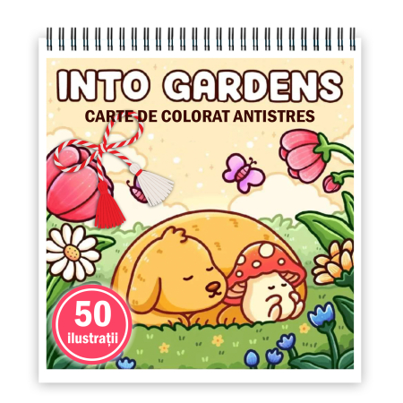 Martisoare format A5 - Martisor de colorat, 50 de ilustratii format A5, carte de colorat cu spira metalica, model: Into Gardens
