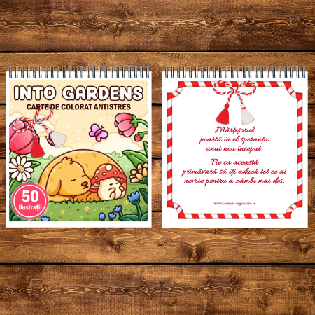 Martisor de colorat, 50 de ilustratii format A5, carte de colorat cu spira metalica, model: Into Gardens [2]