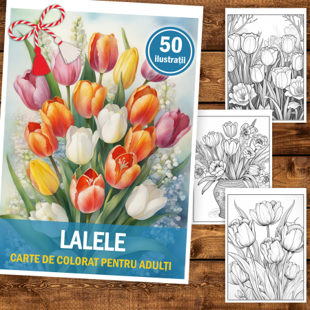 Martisor de colorat, 50 de ilustratii format A5, carte de colorat cu spira metalica, model: Lalele [1]