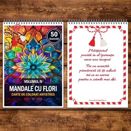 Martisor de colorat, 50 de ilustratii format A5, carte de colorat cu spira metalica, model: Mandale cu Flori [2]