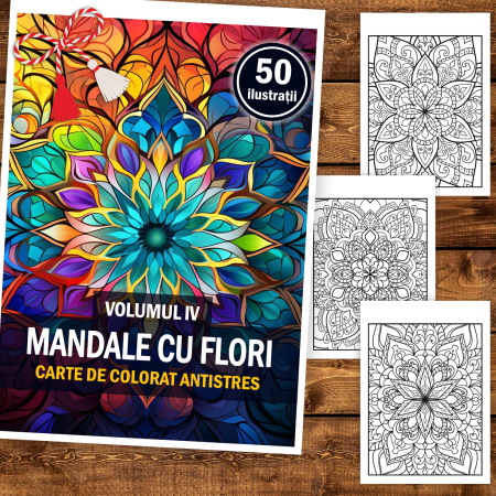 Martisor de colorat, 50 de ilustratii format A5, carte de colorat cu spira metalica, model: Mandale cu Flori [1]