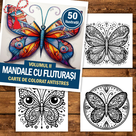 Martisor de colorat, 50 de ilustratii format A5, carte de colorat cu spira metalica, model: Mandale cu Fluturasi [1]