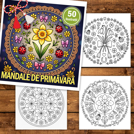 Martisor de colorat, 50 de ilustratii format A5, carte de colorat cu spira metalica, model: Mandale de Primavara [1]