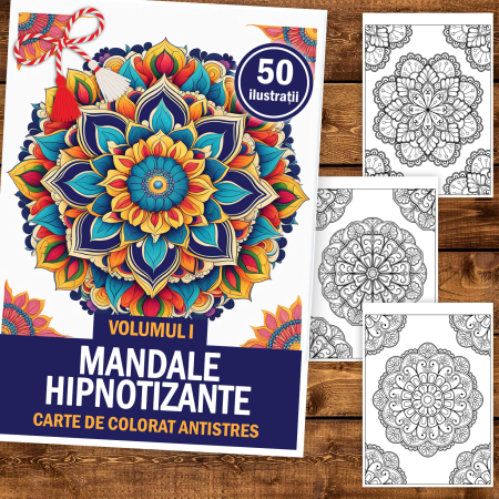 Martisor de colorat, 50 de ilustratii format A5, carte de colorat cu spira metalica, model: Mandale Hipnotizante [1]