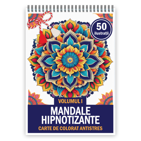Martisoare format A5 - Martisor de colorat, 50 de ilustratii format A5, carte de colorat cu spira metalica, model: Mandale Hipnotizante