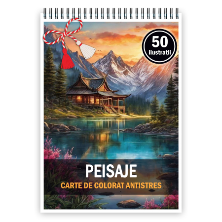 Martisoare format A5 - Martisor de colorat, 50 de ilustratii format A5, carte de colorat cu spira metalica, model: Peisaje