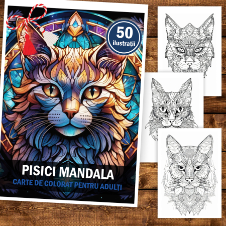Martisor de colorat, 50 de ilustratii format A5, carte de colorat cu spira metalica, model: Pisici Mandala [1]