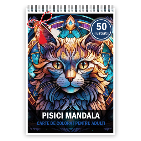 Martisoare format A5 - Martisor de colorat, 50 de ilustratii format A5, carte de colorat cu spira metalica, model: Pisici Mandala