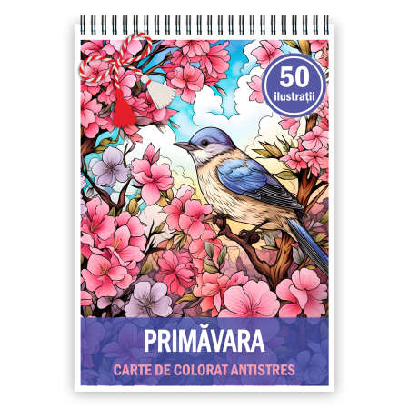 Martisoare format A5 - Martisor de colorat, 50 de ilustratii format A5, carte de colorat cu spira metalica, model: Primavara