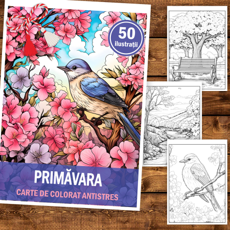 Martisor de colorat, 50 de ilustratii format A5, carte de colorat cu spira metalica, model: Primavara [1]