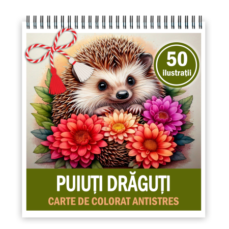 Martisoare format A5 - Martisor de colorat, 50 de ilustratii format A5, carte de colorat cu spira metalica, model: Puiuti Draguti