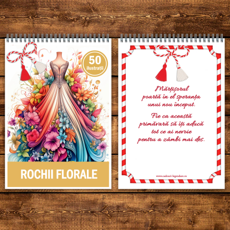 Martisor de colorat, 50 de ilustratii format A5, carte de colorat cu spira metalica, model: Rochii Florale [2]