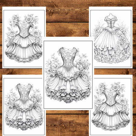 Martisor de colorat, 50 de ilustratii format A5, carte de colorat cu spira metalica, model: Rochii Florale [3]