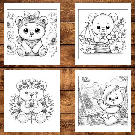 Martisor de colorat, 50 de ilustratii format A5, carte de colorat cu spira metalica, model: Ursuleti cu Flori [4]