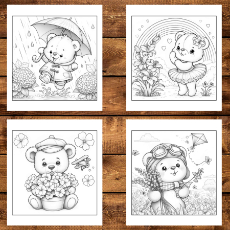 Martisor de colorat, 50 de ilustratii format A5, carte de colorat cu spira metalica, model: Ursuleti cu Flori [3]