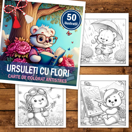 Martisor de colorat, 50 de ilustratii format A5, carte de colorat cu spira metalica, model: Ursuleti cu Flori [1]