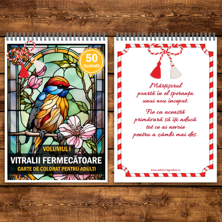 Martisor de colorat, 50 de ilustratii format A5, carte de colorat cu spira metalica, model: Vitralii Fermecatoare [2]