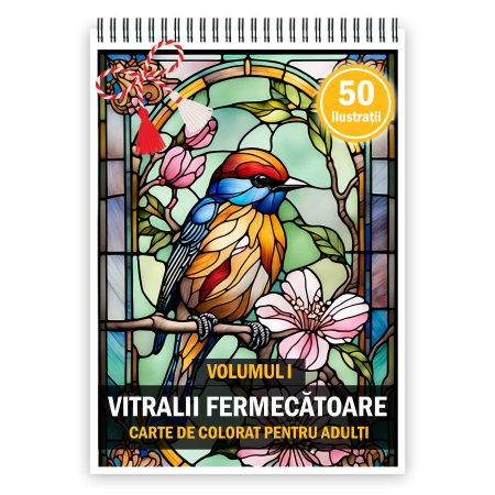 Martisoare format A5 - Martisor de colorat, 50 de ilustratii format A5, carte de colorat cu spira metalica, model: Vitralii Fermecatoare