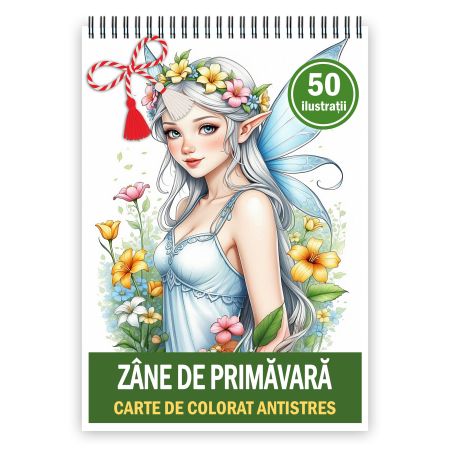 Martisoare format A5 - Martisor de colorat, 50 de ilustratii format A5, carte de colorat cu spira metalica, model: Zane de Primavara