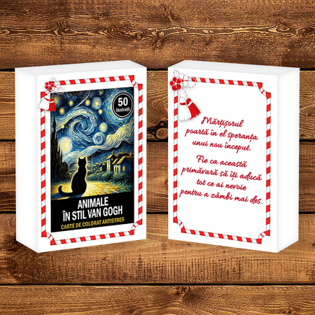 Martisor de colorat, 50 de ilustratii format A6 in cutie cu tematica de primavara, model: Animale in stil Van Gogh [1]