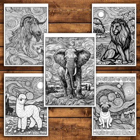 Martisor de colorat, 50 de ilustratii format A6 in cutie cu tematica de primavara, model: Animale in stil Van Gogh [2]