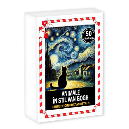 Martisoare in cutie - Martisor de colorat, 50 de ilustratii format A6 in cutie cu tematica de primavara, model: Animale in stil Van Gogh