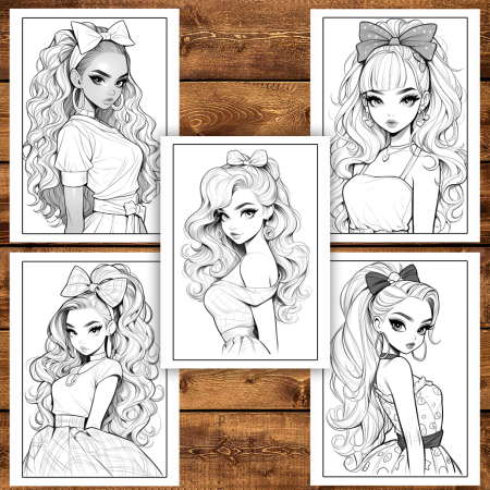 Martisor de colorat, 50 de ilustratii format A6 in cutie cu tematica de primavara, model: Anime Barbie Girls [2]