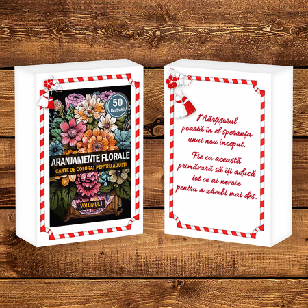 Martisor de colorat, 50 de ilustratii format A6 in cutie cu tematica de primavara, model: Aranjamente Florale [1]