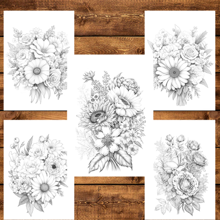 Martisor de colorat, 50 de ilustratii format A6 in cutie cu tematica de primavara, model: Buchete de Flori [4]