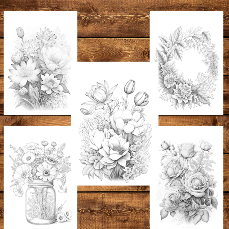 Martisor de colorat, 50 de ilustratii format A6 in cutie cu tematica de primavara, model: Buchete de Flori [2]