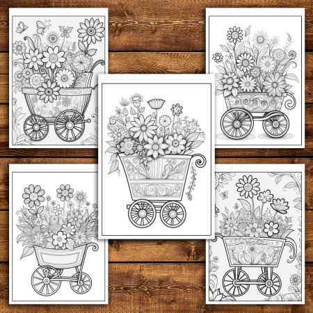 Martisor de colorat, 50 de ilustratii format A6 in cutie cu tematica de primavara, model: Carucioare cu Flori [2]