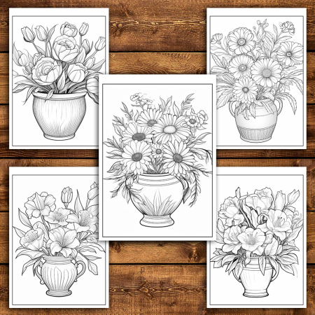 Martisor de colorat, 50 de ilustratii format A6 in cutie cu tematica de primavara, model: Flori in Ghiveci [4]