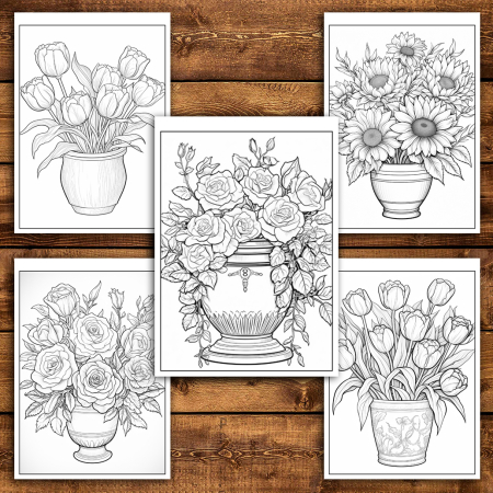 Martisor de colorat, 50 de ilustratii format A6 in cutie cu tematica de primavara, model: Flori in Ghiveci [2]