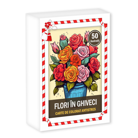 Martisoare in cutie - Martisor de colorat, 50 de ilustratii format A6 in cutie cu tematica de primavara, model: Flori in Ghiveci