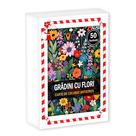Martisoare in cutie - Martisor de colorat, 50 de ilustratii format A6 in cutie cu tematica de primavara, model: Gradini cu Flori