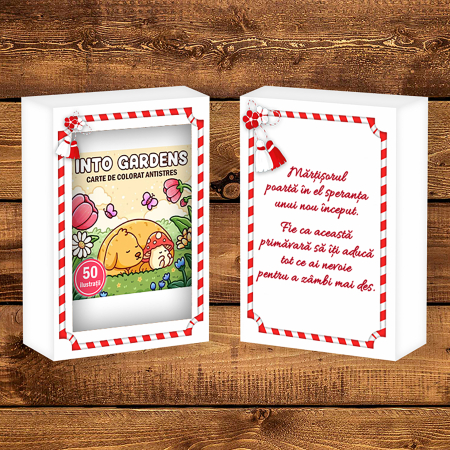 Martisor de colorat, 50 de ilustratii format A6 in cutie cu tematica de primavara, model: Into Gardens [1]