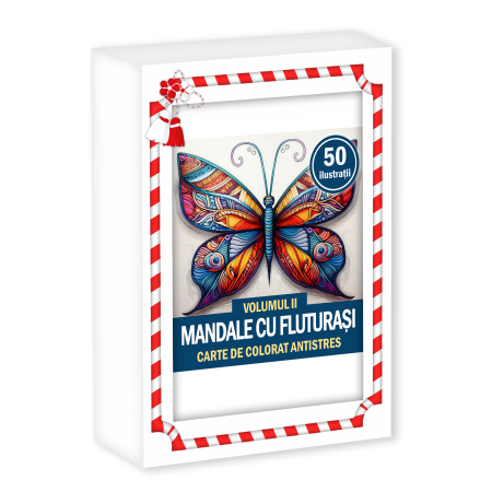 Martisoare in cutie - Martisor de colorat, 50 de ilustratii format A6 in cutie cu tematica de primavara, model: Mandale cu Fluturasi